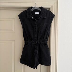 Zara Black Sleeveless Denim Romper with Chest Pocket
